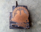 Antique PRINTERS BLOCK Copper on Wood - Silhouette of couple behind spider web