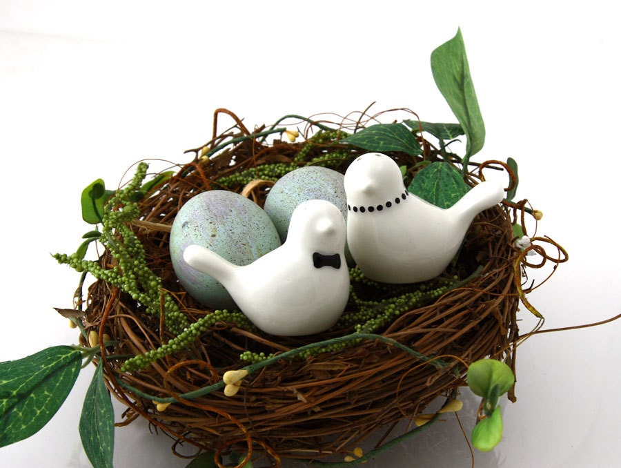 wedding lovebird salt and pepper shakers in white or black