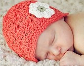 Organic Cotton Baby Shells Beanie Hat with Flower in Coral, Sizes 0 to 6 Months, Choose Size and Color