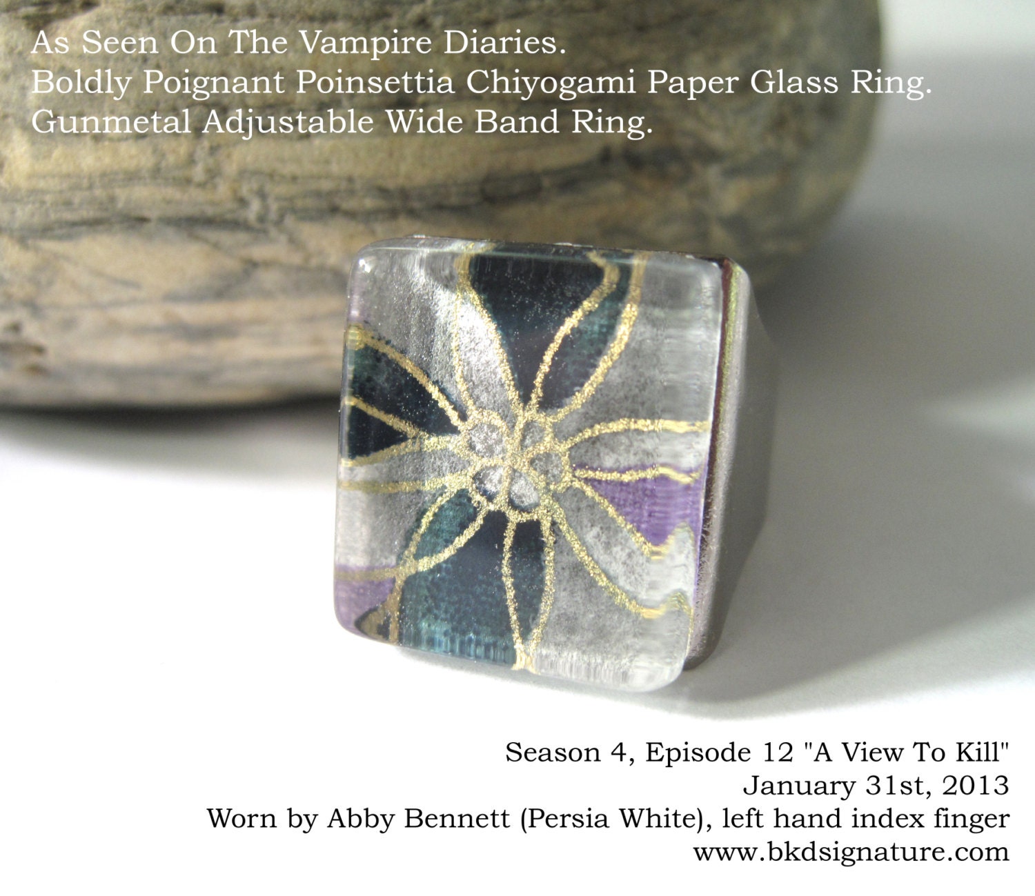 As Seen On The Vampire Diaries' Abby Bennett. Boldly Poignant Poinsettia Chiyogami Paper Glass Ring. Gunmetal Adjustable Wide Band Ring.