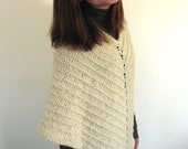 Natural Winter White Hand Knit Alpaca Wool Poncho with stripes and rolled neckline