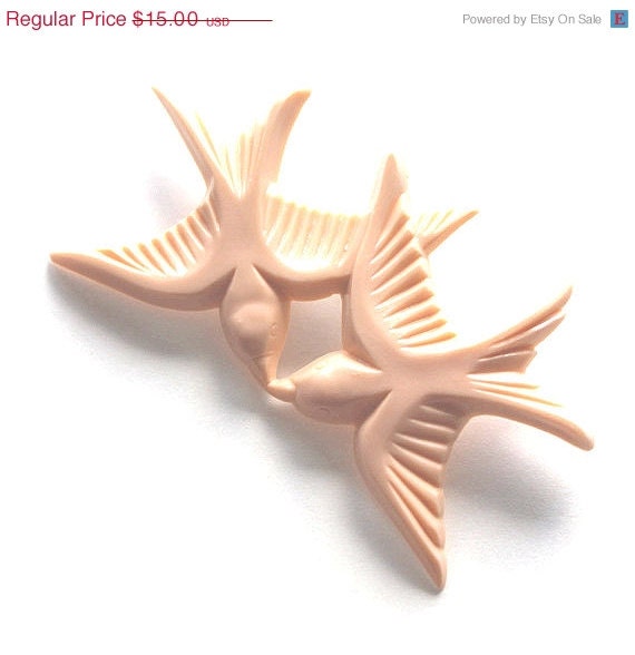 ON SALE Brooch light peach resin swallow love birds pin