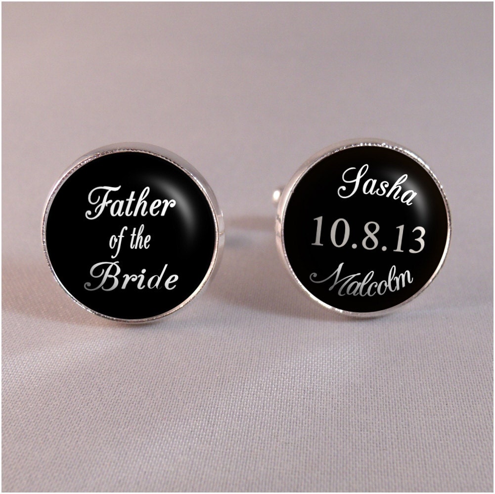Father of the Bride Wedding Day Cufflinks in Silver or Antique Bronze Finish - Bride and Groom Names and Wedding Save the Date