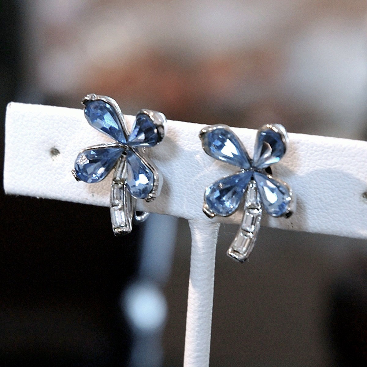 Vintage Forget Me Not Earrings, Crown Trifari, Design Pat. Pend., Lucky Clover, Blue Crystal Rhinestones, Excellent Condition