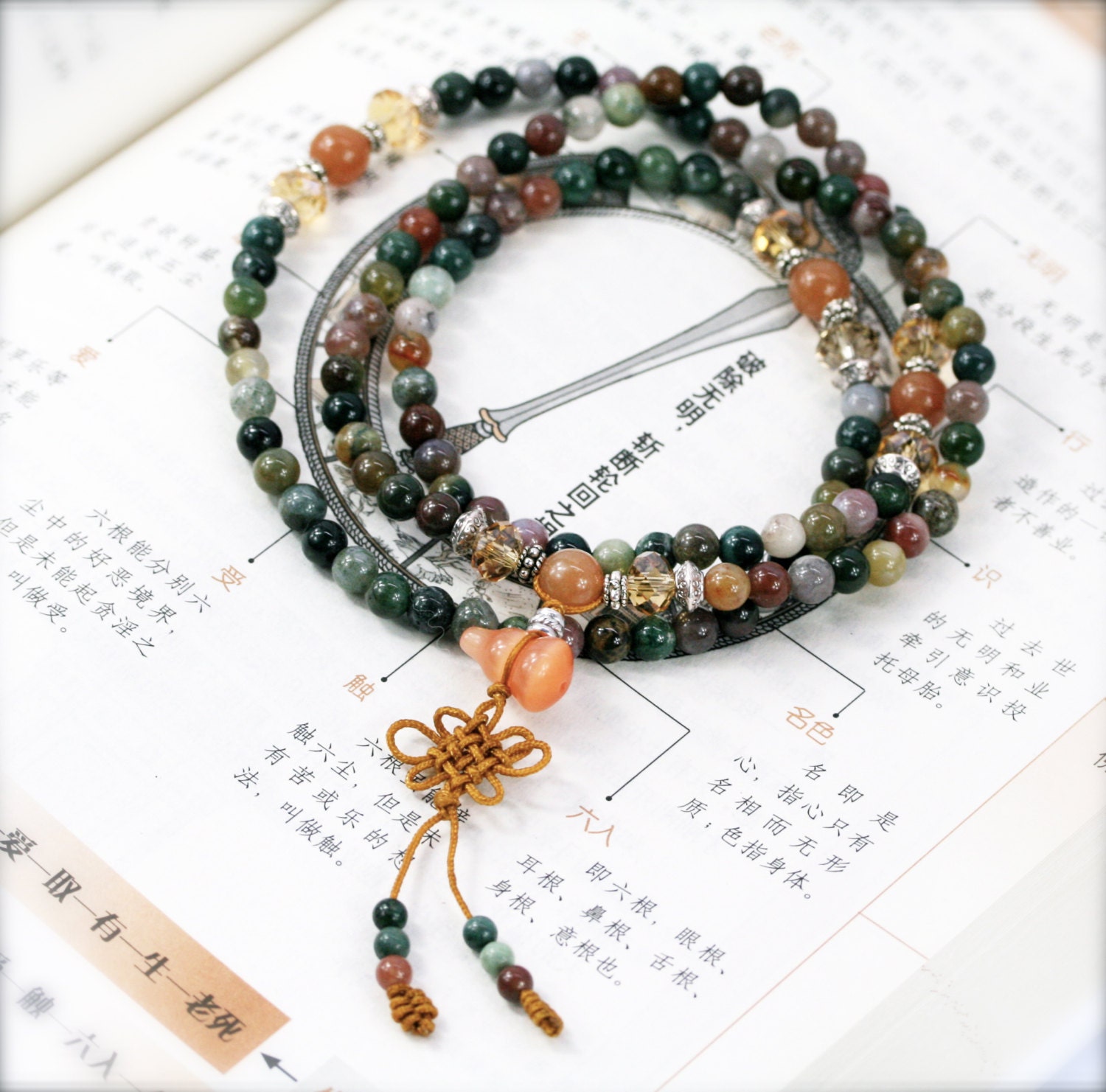 Pacifying 108 small japa mala (SJM) -  fancy agate, aventurine and cat eye hulu