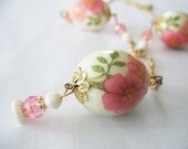 Vintage German Egg Beads Necklace and Earrings 1940's Pink Buttercups