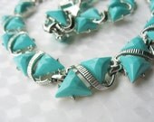 Vintage Thermoset Necklace and Bracelet Faceted Triangles with Silver Swirl 1950's