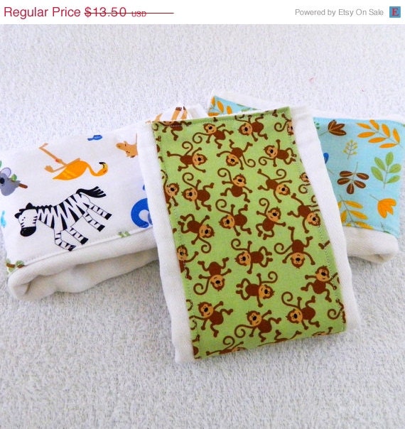 SALE Zoo Animals Burp Cloths - Blue, Brown, Green, & Yellow- Set of 3