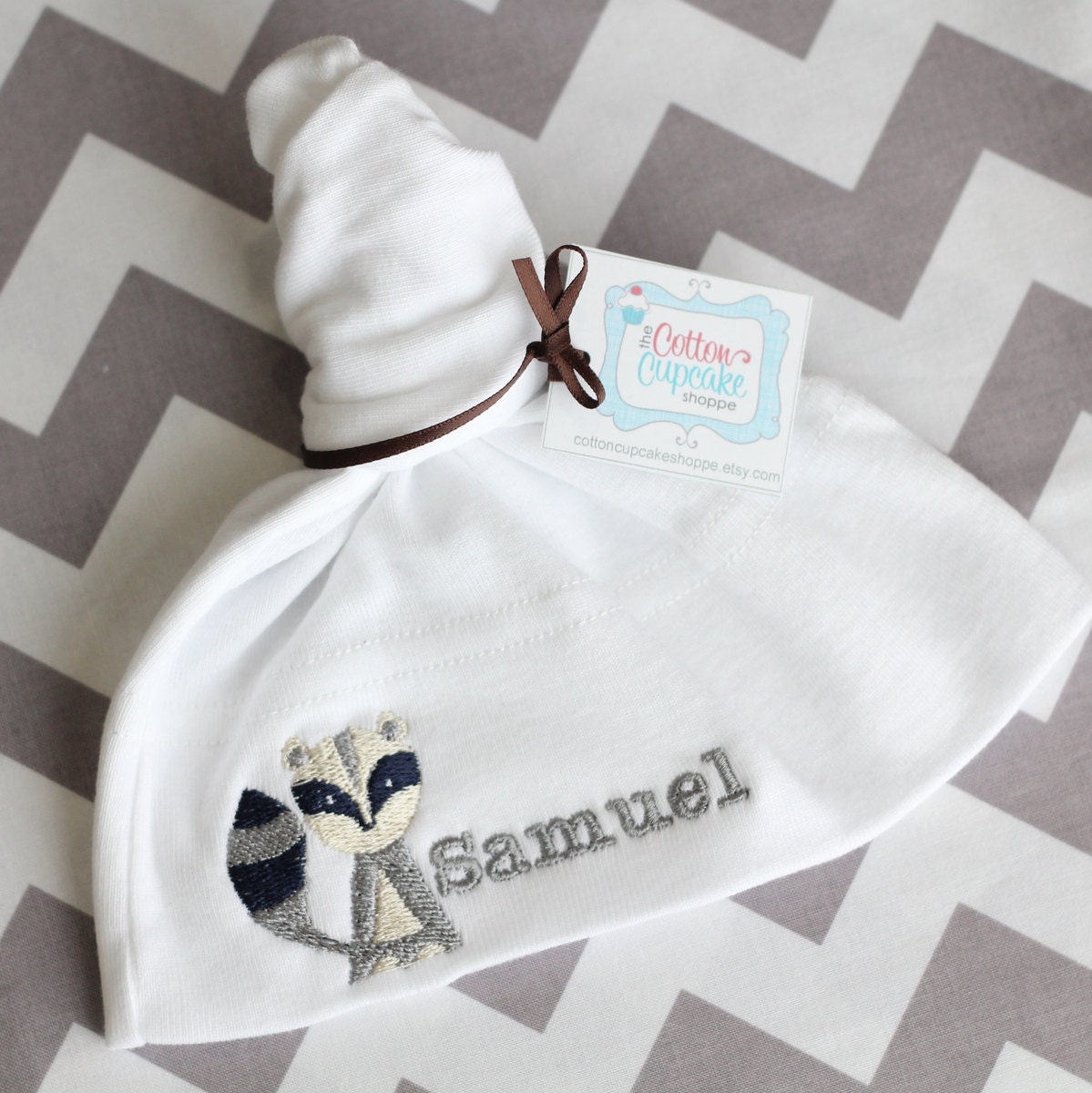 Personalized Raccoon Baby Knot Hat - You choose HAT COLOR