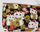 Maneki-neko Zipper Pouch/ Cosmetic Pouch- Auspicious Motif in Black