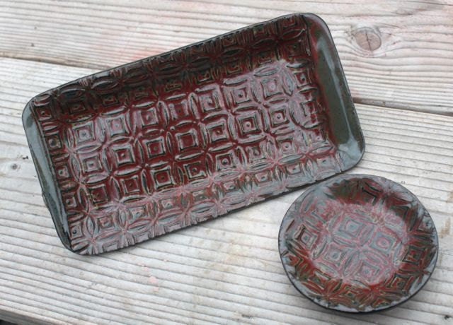 Bridges Pottery Rectagle Patterned Tray and condiment cup Majestic Midnight Red - 2 piece set