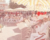 Music, musical, yellow, stripe, umbrella, red feathered hats, disney, band, brass, instruments, fine art photograph 8"x10"