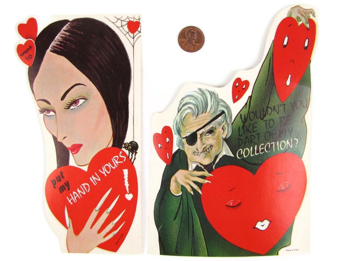 Monster Mash - 2 Vintage 1960s Horror Movie TV Host Valentine's Day Cards, Vampira with Spider, Dr. Scar with Eye Patch, Very Rare, Unused