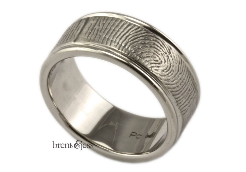 Palladium Custom Fingerprint Wedding or Commitment Band with Hand Carved Rims and Exterior wrapped fingerprint SIZE 9