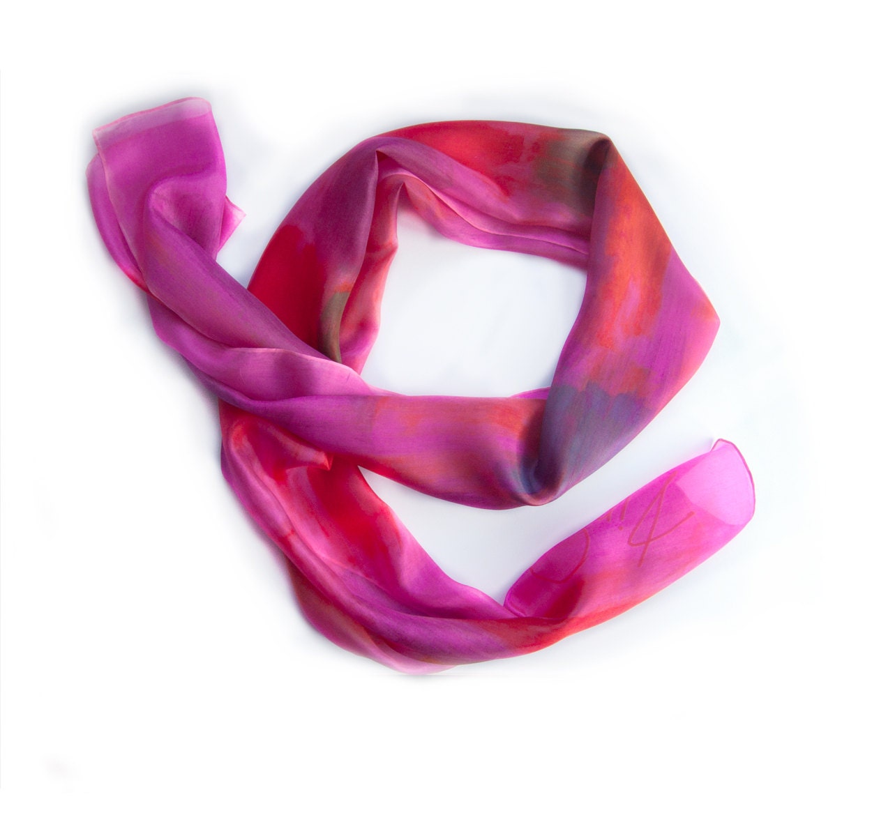 Pink Red Silk Scarf Paint by Hand. Abstract Composition on Silk. Woman Fashion Scarf.Painting on silk by Dimo