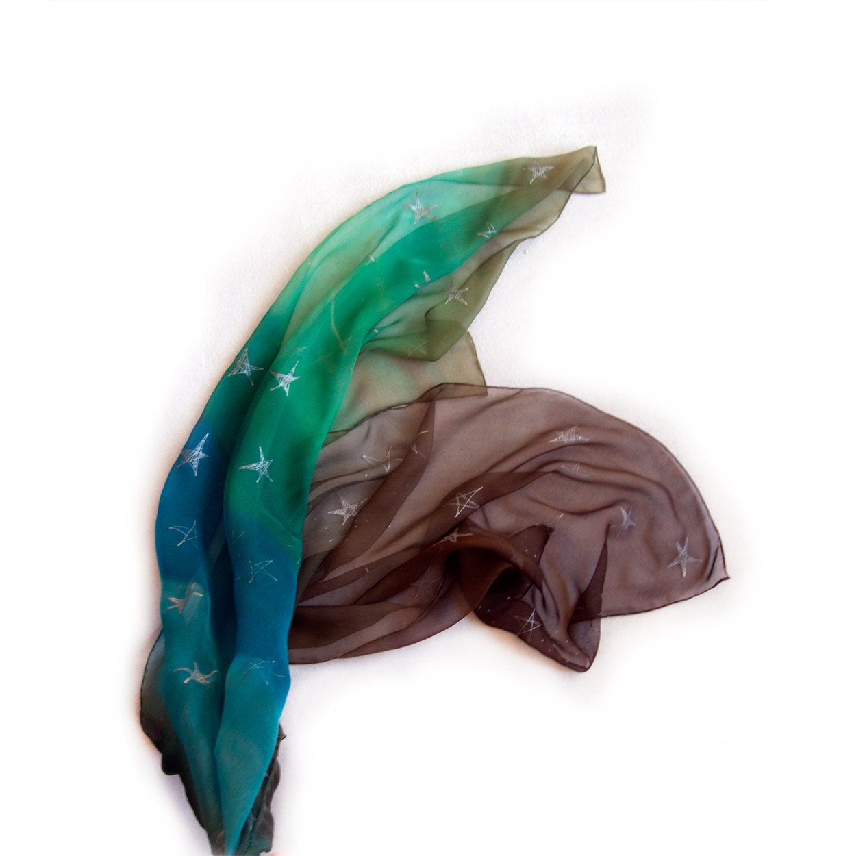 Ombre silk chiffon scarf with silver stars. Hand painted silk scarf in emerald,blue and brown. Woman fashion silk scarf - klaradar