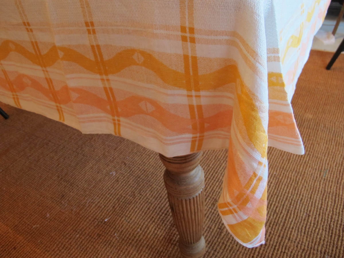 Vintage Linen Kitchen Tablecloth, 1960s Plaid, Salmon Peach and Yellow Gold