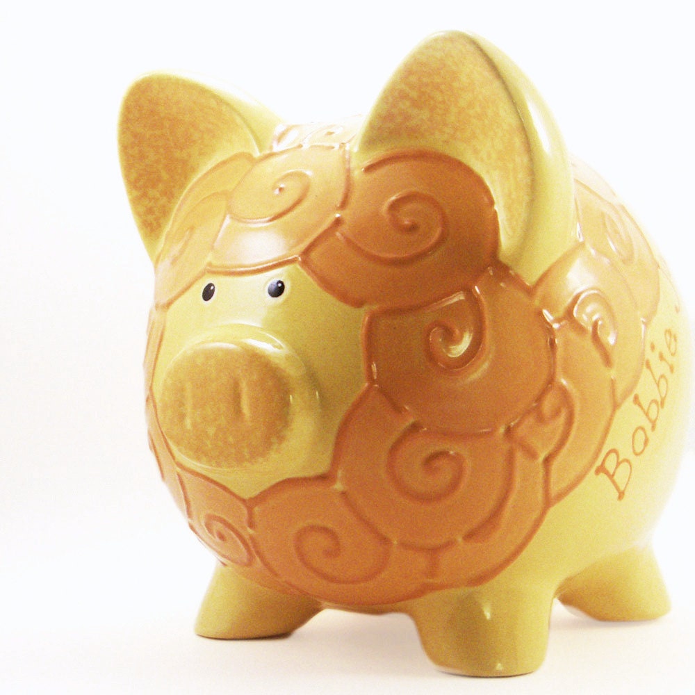 Personalized Piggy Bank - Lion - Yellow & Orange - with hole or NO hole in bottom