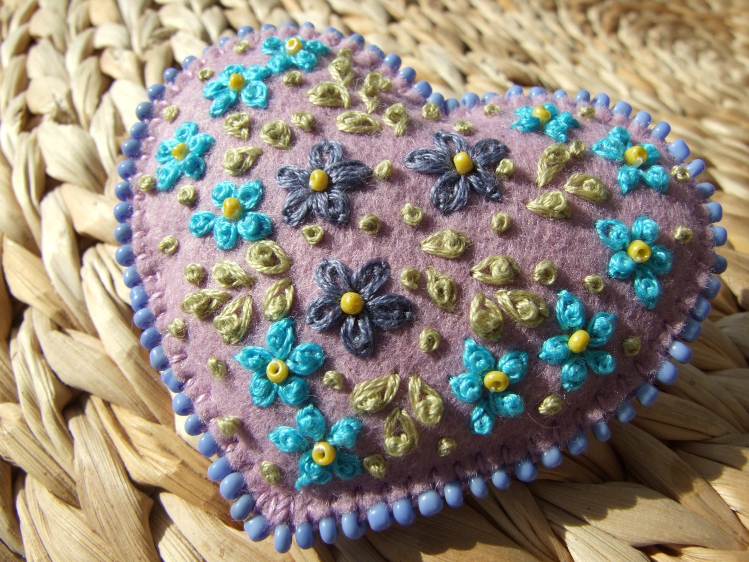 Hand Embroidered Mauve Coloured Felt Pin