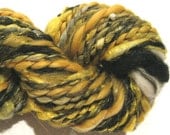 HALF OFF SALE Handspun yarn Stars thick n thin art yarn with gold beads 58 yds,  merino wool top black yellow yarn silk sparkle