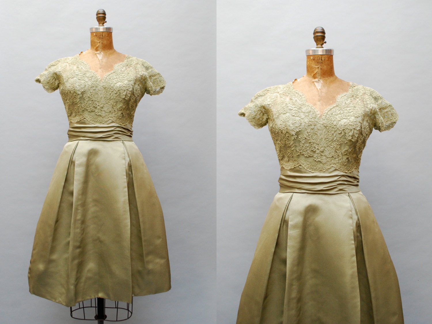 vintage 1950s chantilly lace dress. celadon silk