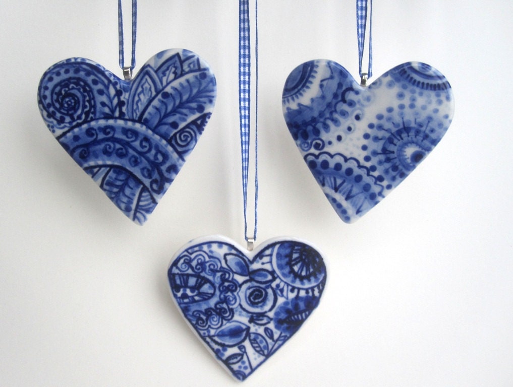 Hand painted porcelain  heart -  Blue and white Delftware ornament