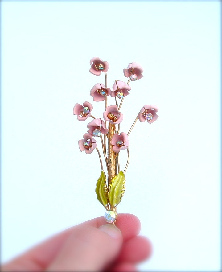 Vintage Lily of the Valley Flower Brooch Bouquet Enamel Rhinestone Jewelry, FREE US SHIPPING