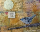 Bird Art Print Collage Fine Art 8 x 10 Giclee Print Cerulean Blue Warbler