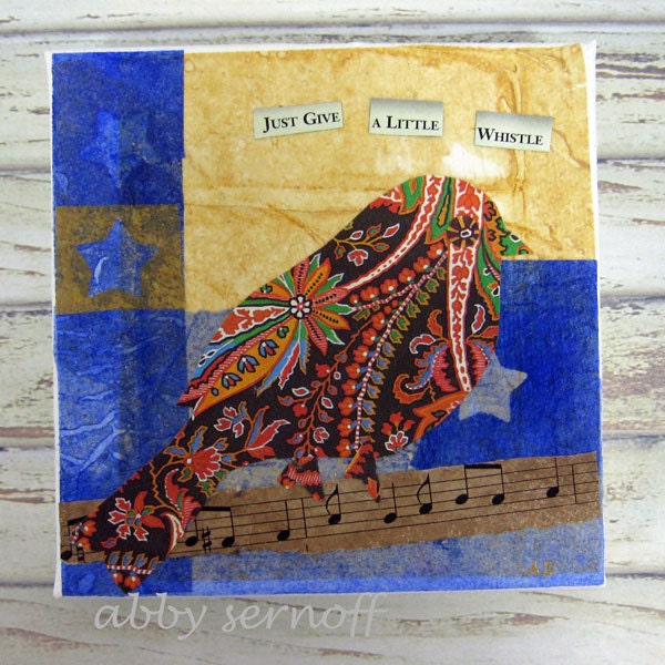 Bird Art Collage Original Mixed Media with Mini Easel