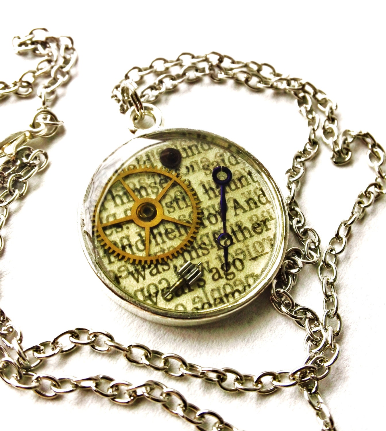 Steampunk Watch Parts and Gears Vintage Silver Toned Large Round Bezel Pendant Necklace - 20"