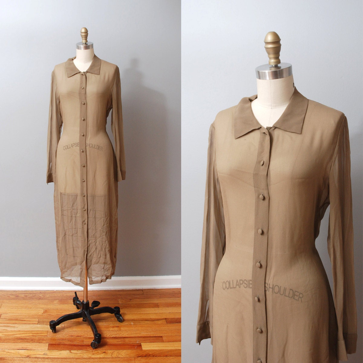1980s Dress - Sheer Silk Tan Button Up Dress