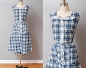 1940s Dress - Blue Plaid 40s Day Dress with Lace