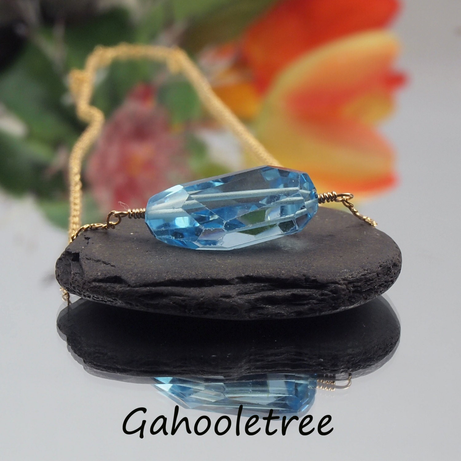 Blue Topaz Faceted Nugget Solitaire 14k Gold Filled Choker. For Her. December Birthstone Gift.