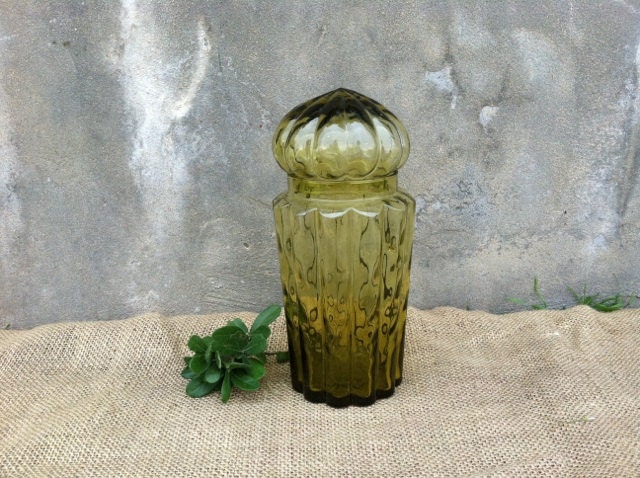 Vintage - Citrine - Verde Green - Ribbed Blown Glass Architectural - Apothecary Jar - Lid - Display - Boho Rustic CHIC