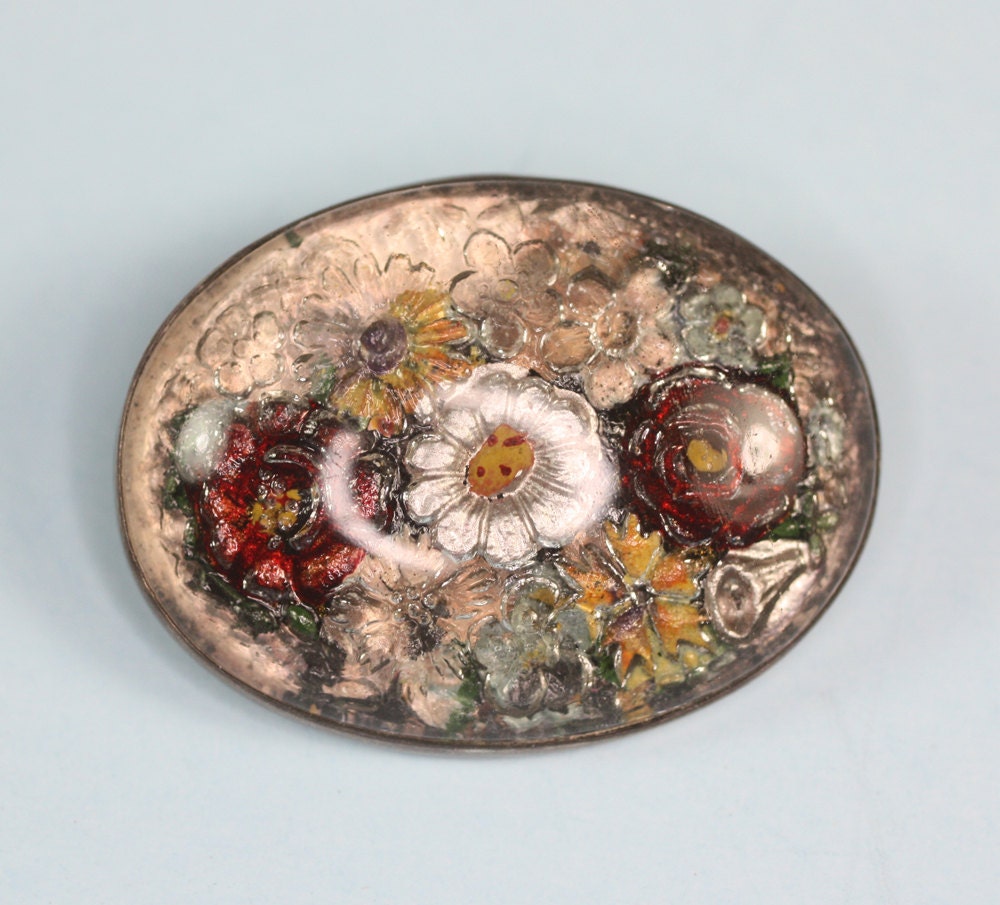 Vintage Reverse Carved Floral Design Pin Sterling Setting