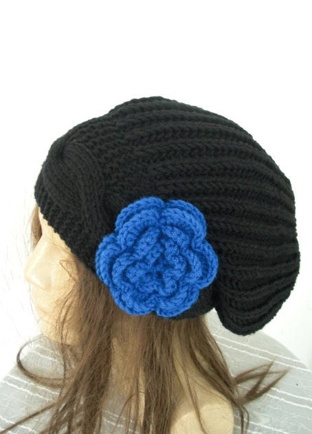 Knitted Hat - Slouchy Beanie - Womens hat -  Slouch  Hat with flower  Hand Knit Hat  Black Beanie- Cable Knit Beanie