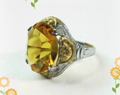 1920s Dainty Vintage Art Deco Ring - Lemon Yellow  - Flowers - Shy of Size 4 - Costume Ring - Cocktail Ring - Dinner Ring