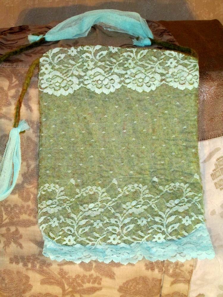 OOAK Nuno Felted Purse Pouch Repurposed Recycled - Wool and Tulle Lace - Pretty Blue and Green - Eco Friendly Functional Fiber Art