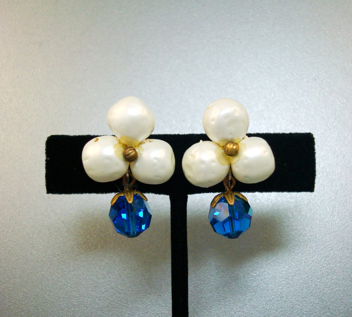 Vintage Pearl Blue Aurora Borealis Crystal Earrings
