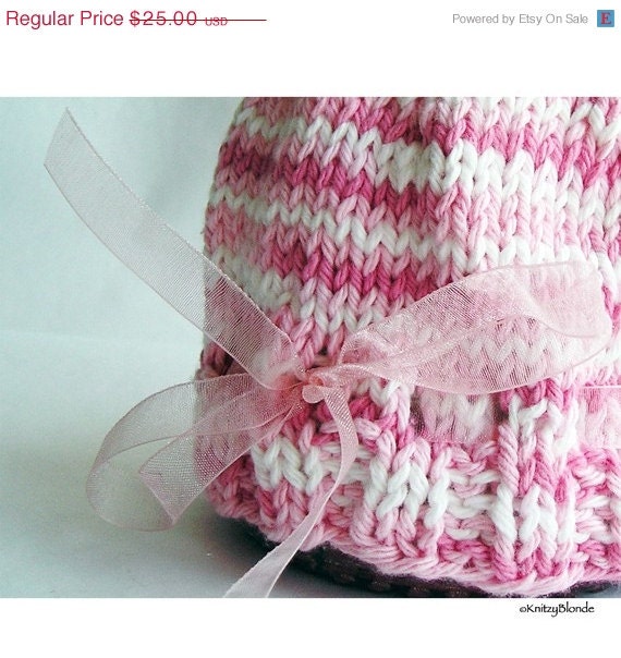 Photo Prop Baby Hat, Hand Knit Pink White Variegated Cotton Yarn, Organza Ribbon