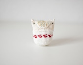 Crocheted Owl Crinkle Baby Toy  - Ecru Natural White Red Mint Orange Nordic Cotton -Made to order - OOAK - Summer Snow Owl