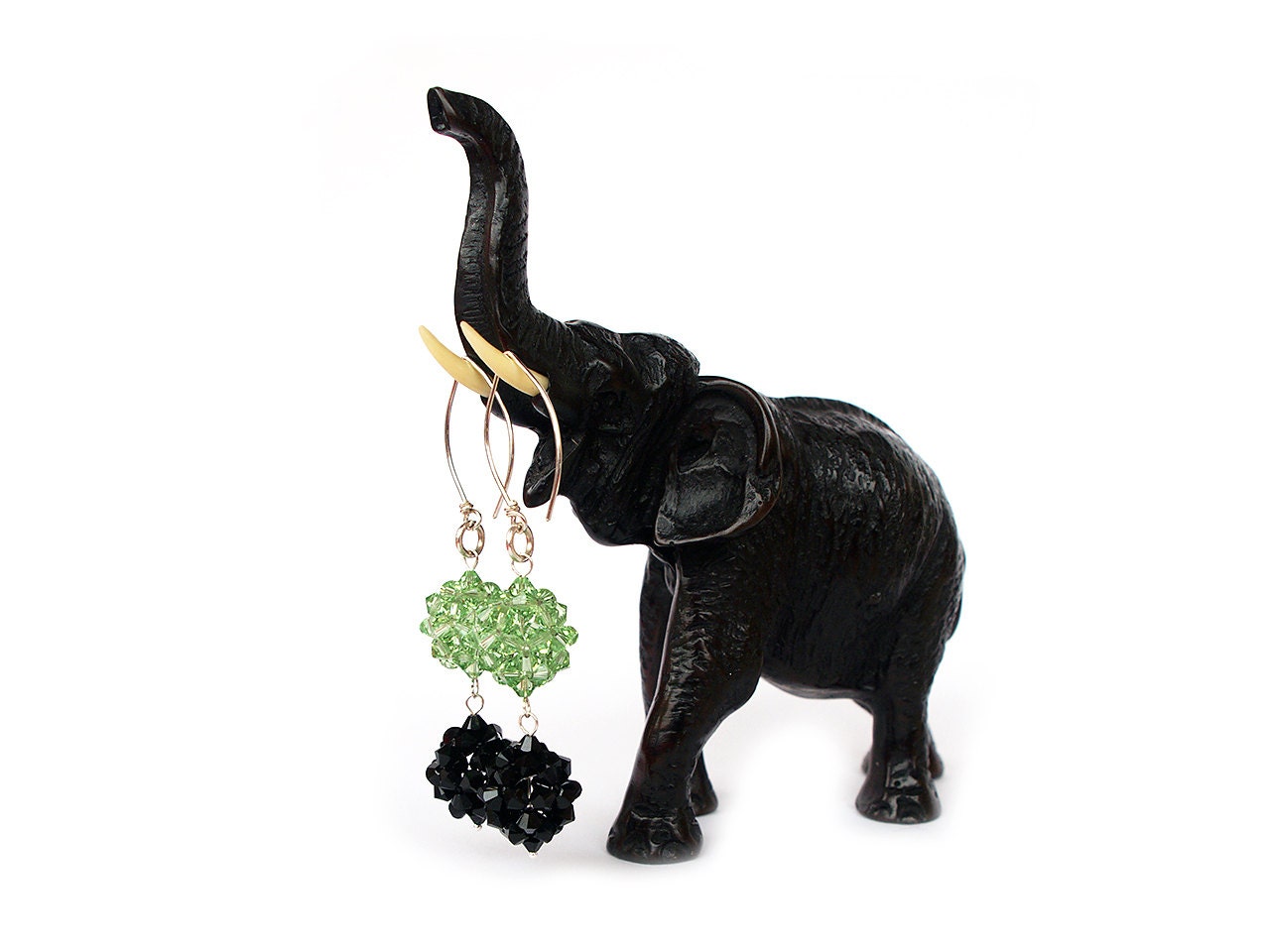 Swarovski Crystal Balls (green, black) - Dangle, Bead-woven Earrings, Swarovski Crystal, sterling silver earrings