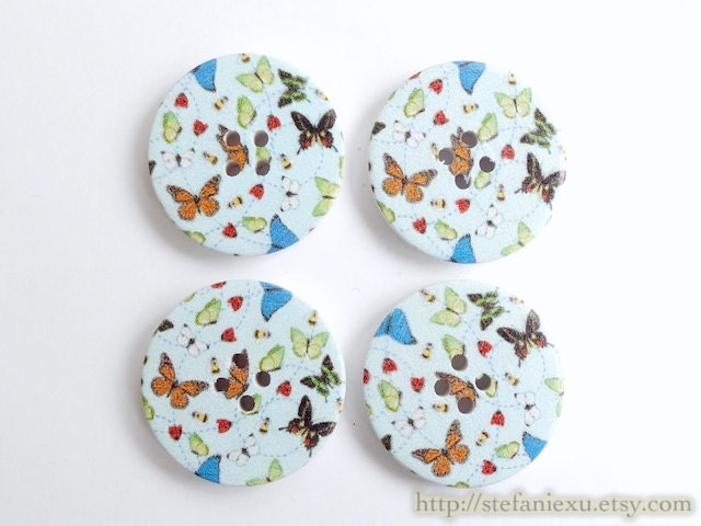 Wooden Buttons - Lovely Chic Butterflies On Neat Blue (4 in a set)