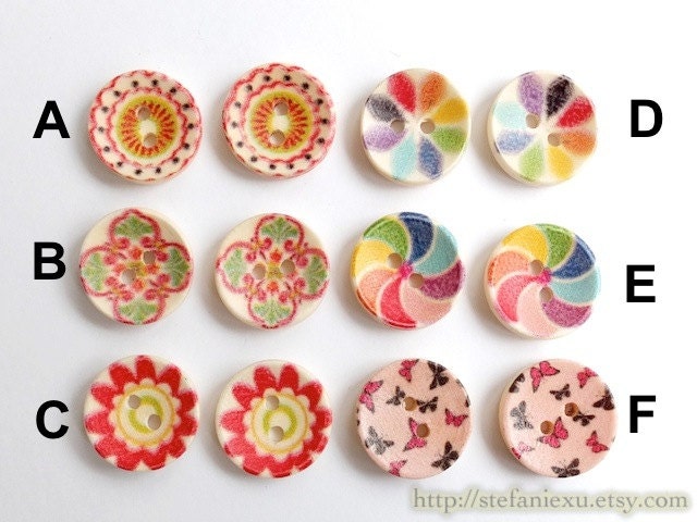 Wooden Buttons - Lovely Small Concave Shabby Chic Spring Colorful Floral Butterfly Collection (4PCS, Choose Pattern)
