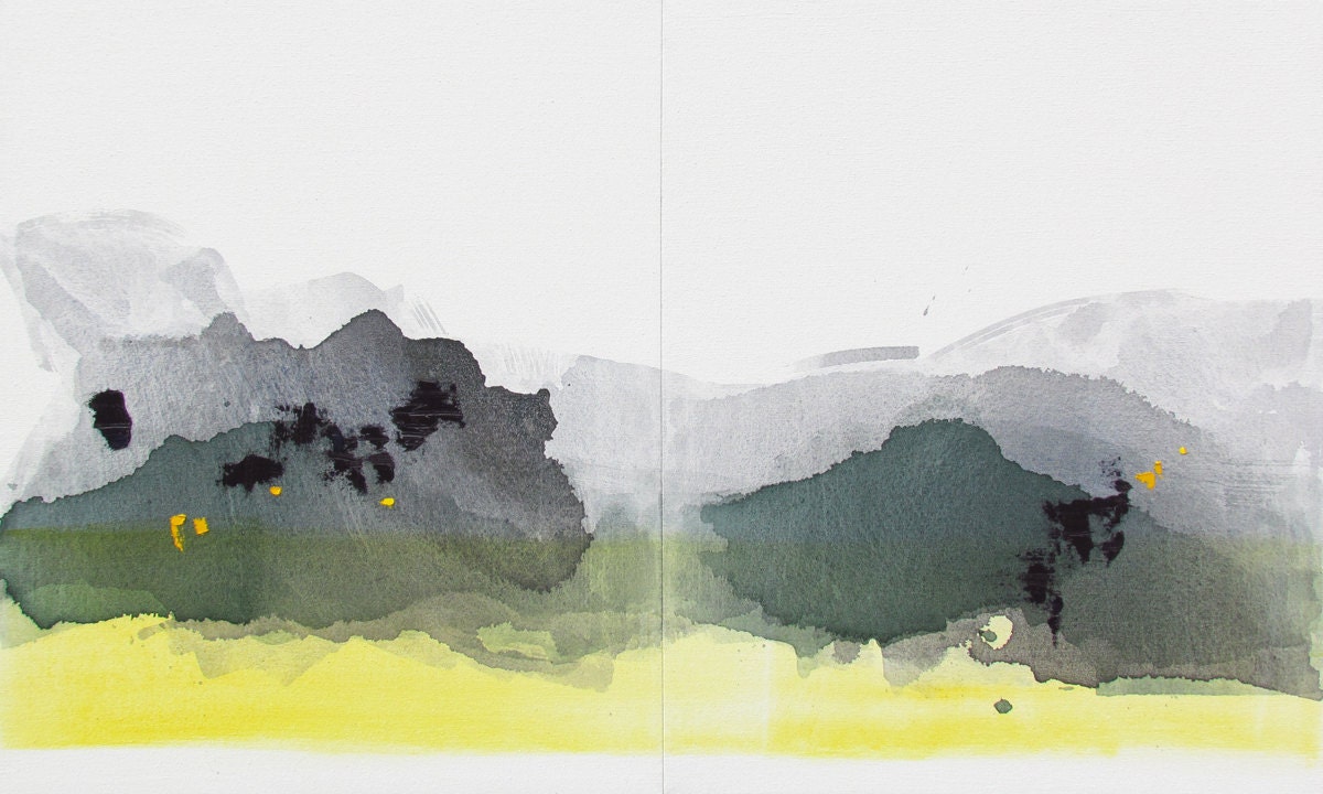 Extra Large Abstract Painting, yellow, green, violet, 30 x 50" diptych, ORIGINAL fine art -- "The Night Veil, settling"