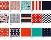 Ships AHOY : Teal, Orange and Navy - Custom Modern Crib Bedding Set - Blanket, Bumper, Fitted Sheet, Crib Skirt - Blue, Turquoise, Aqua