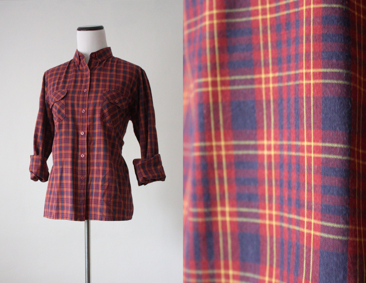 plaid blouse - vintage 1970's rustic plaid shirt