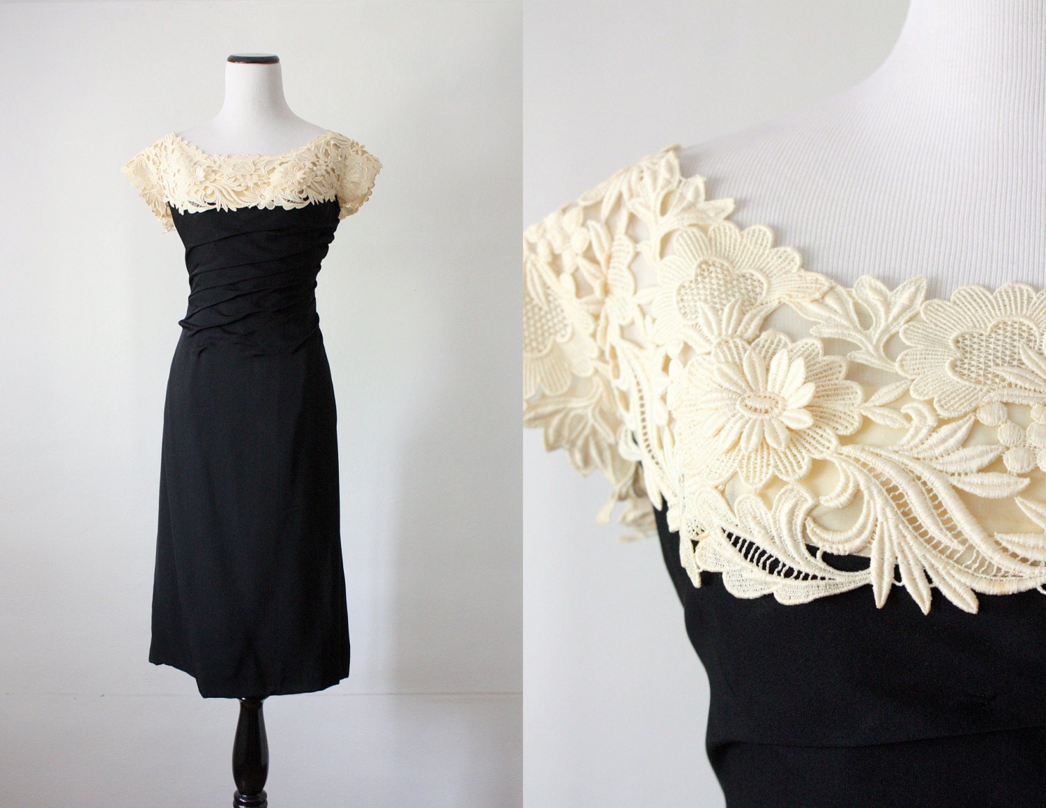 50s dress - vintage 1950s black lace wiggle dress