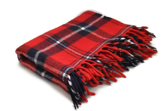 Vintage Red White and Blue Wool Tartan Plaid Stadium / Picnic / Camping Blanket