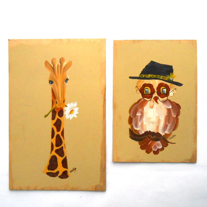 1970s Tole Paintings / Owl & Giraffe on Wood